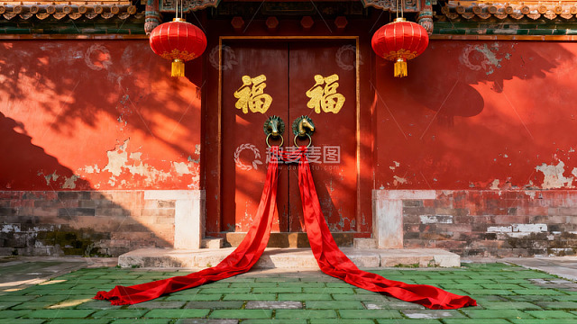 古建筑门前红灯笼与福字