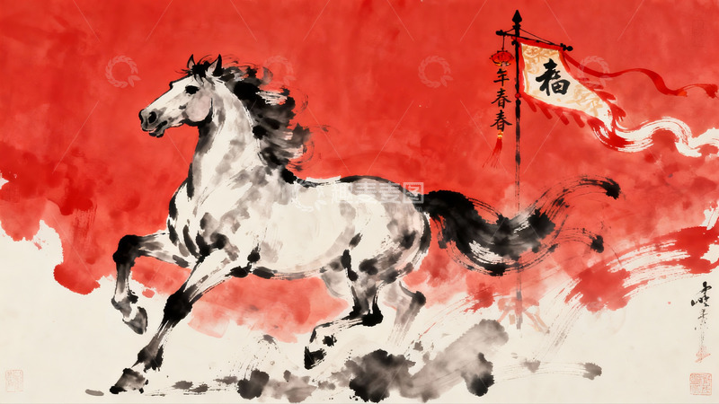 高清大图下载【趣麦麦图】水墨奔马迎春图