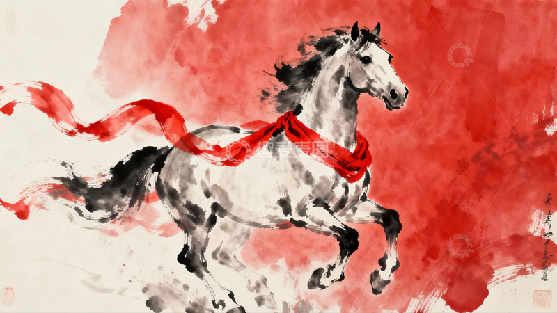 高清大图下载【趣麦麦图】奔腾骏马红绸飘扬水墨画