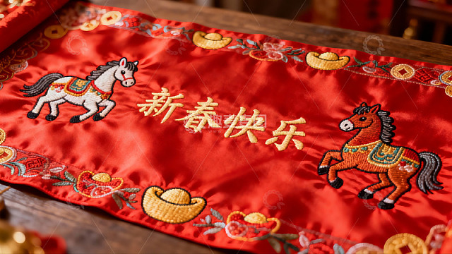 红色绣花布新春祝福图案