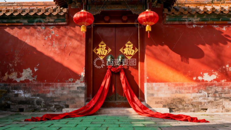 高清大图下载【趣麦麦图】红墙古门挂红灯笼