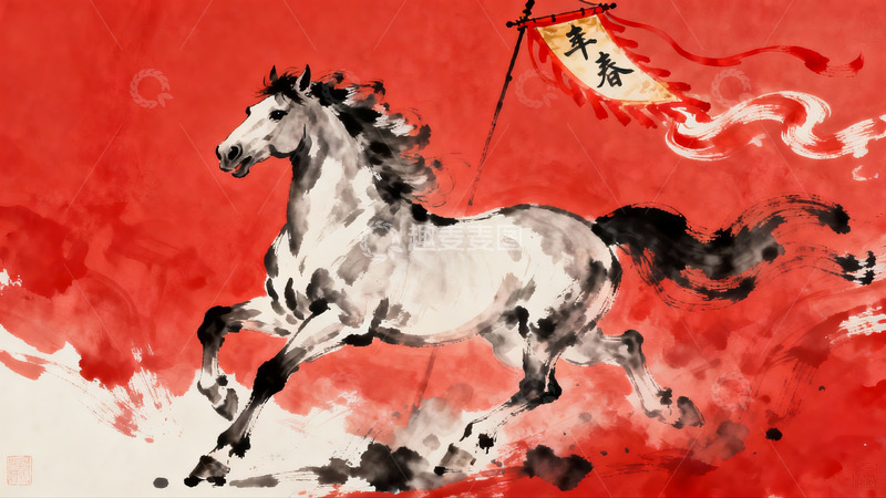 高清大图下载【趣麦麦图】水墨奔马迎春图