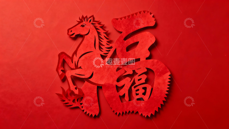 高清大图下载【趣麦麦图】红色剪纸马与福字图案