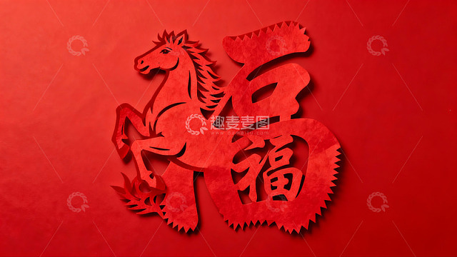 红色剪纸马与福字图案