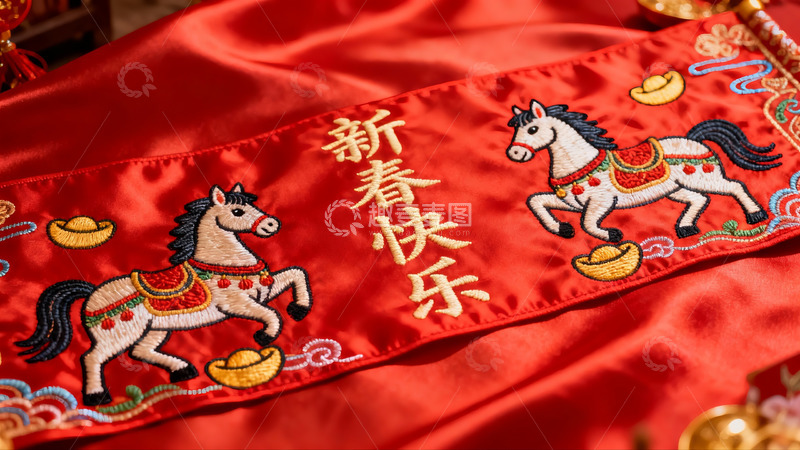 高清大图下载【趣麦麦图】红色织锦马年新春祝福图案