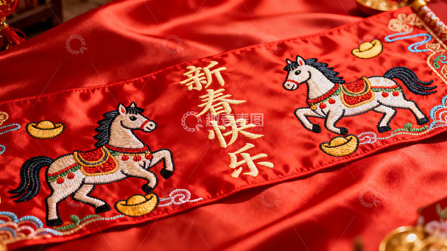 红色织锦马年新春祝福图案