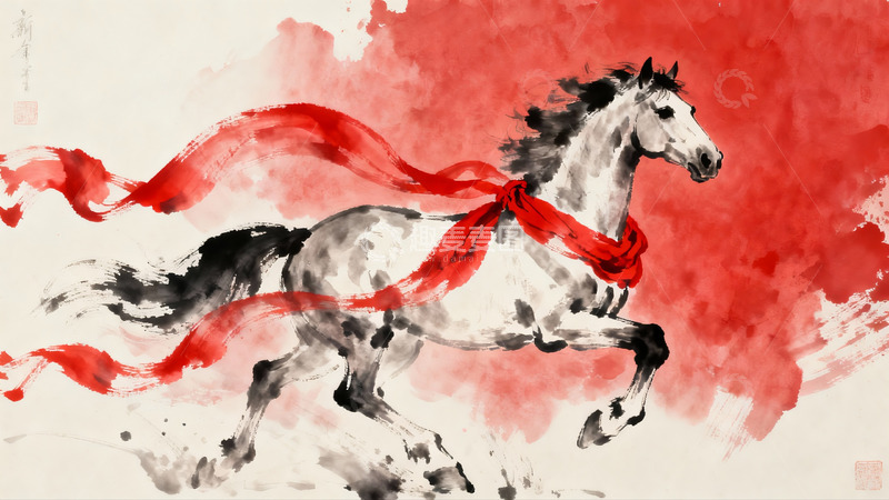 高清大图下载【趣麦麦图】奔腾骏马红绸飘扬水墨画