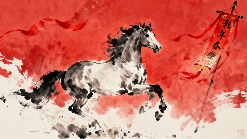 高清大图下载【趣麦麦图】奔腾骏马迎新春画卷