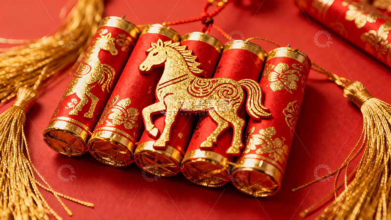 高清大图下载【趣麦麦图】红色背景上的金色马形挂饰
