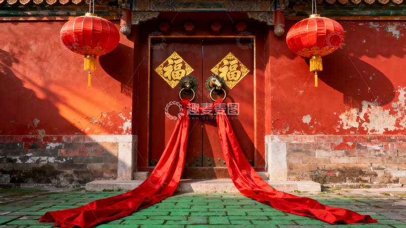 高清大图下载【趣麦麦图】红墙古门挂灯笼喜庆氛围浓