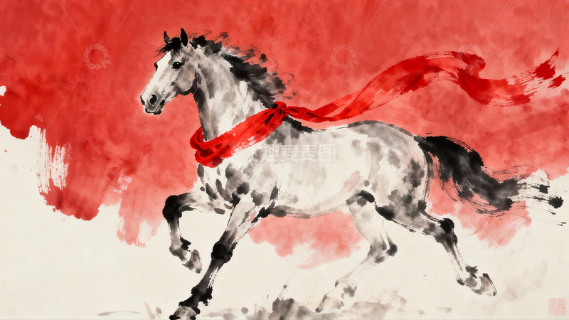 高清大图下载【趣麦麦图】奔腾骏马红绸飘扬水墨画