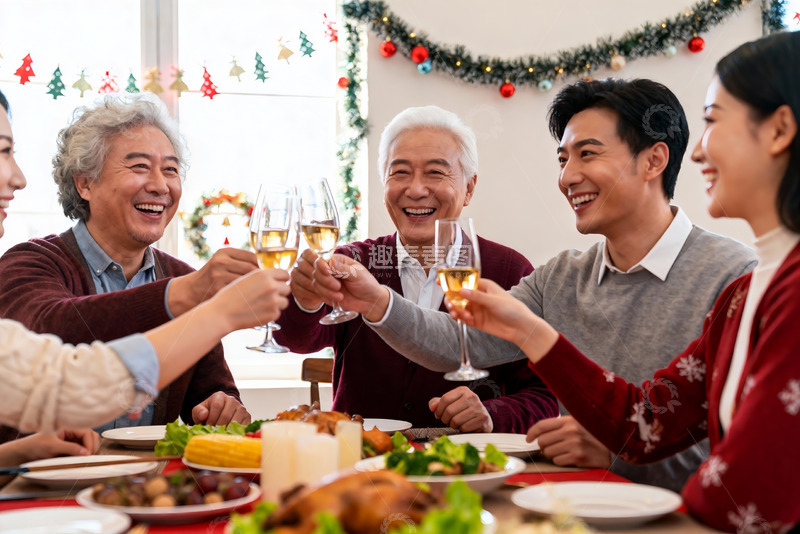 高清大图下载【趣麦麦图】家庭圣诞聚餐举杯欢庆
