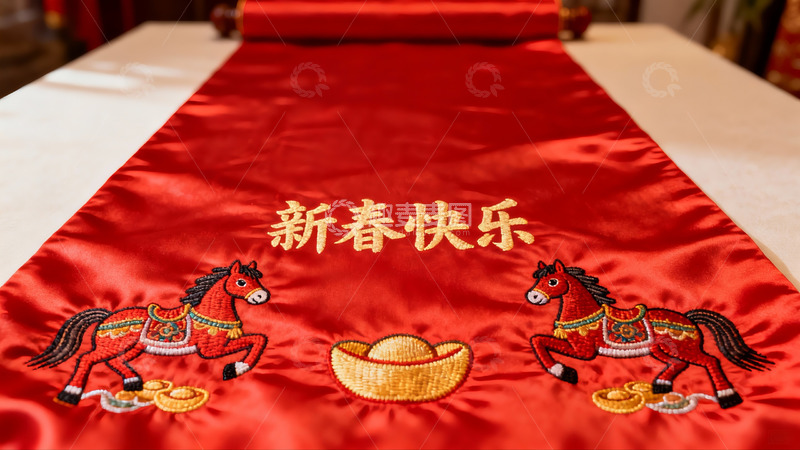 高清大图下载【趣麦麦图】红色新春桌旗绣马迎春