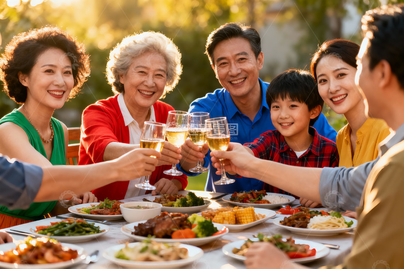 高清大图下载【趣麦麦图】三代同堂户外聚餐举杯欢庆