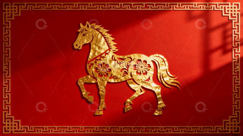 高清大图下载【趣麦麦图】红色背景金色马剪纸艺术