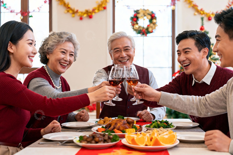 高清大图下载【趣麦麦图】家庭聚餐欢庆节日举杯