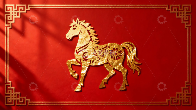 高清大图下载【趣麦麦图】红色背景金色马剪纸艺术