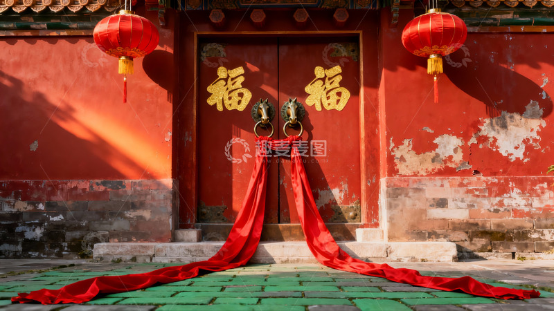 高清大图下载【趣麦麦图】红墙门前挂灯笼贴福字