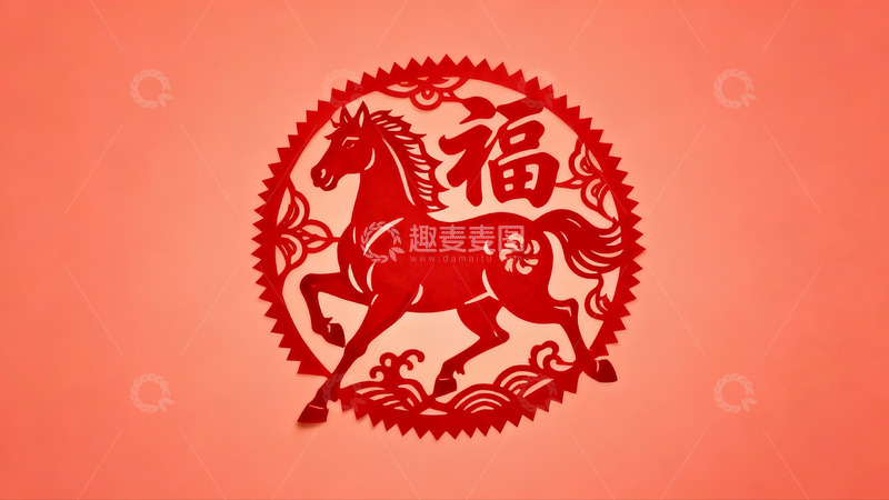 高清大图下载【趣麦麦图】红色剪纸马与福字图案