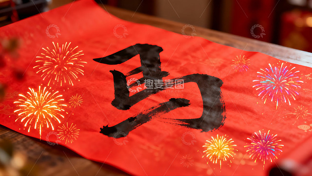 春节红色卷轴书法与烟花图案