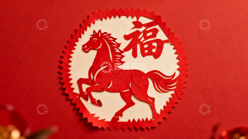 高清大图下载【趣麦麦图】红色剪纸马与福字图案