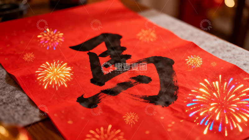 高清大图下载【趣麦麦图】红色纸张上的烟花与书法