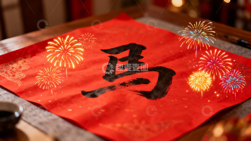 高清大图下载【趣麦麦图】春节书法与烟花装饰