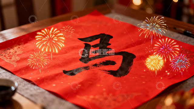 春节书法与烟花装饰