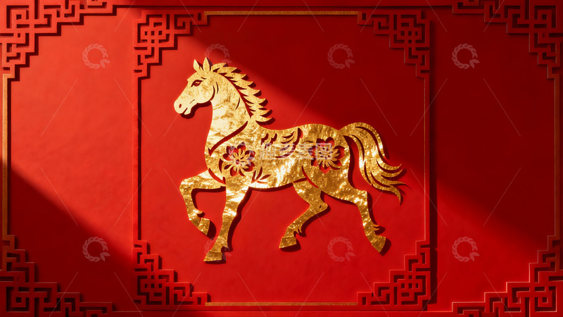 高清大图下载【趣麦麦图】红色背景金色马剪纸艺术