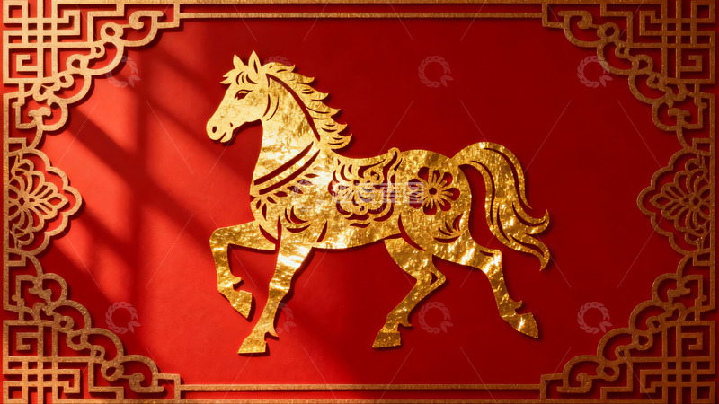 高清大图下载【趣麦麦图】红色背景金色马剪纸图案