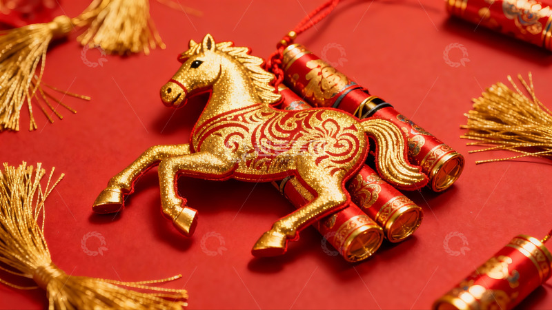 高清大图下载【趣麦麦图】金色马形挂饰配红色鞭炮