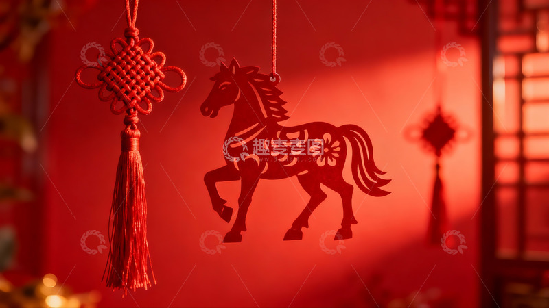高清大图下载【趣麦麦图】红色剪纸马与中国结挂饰