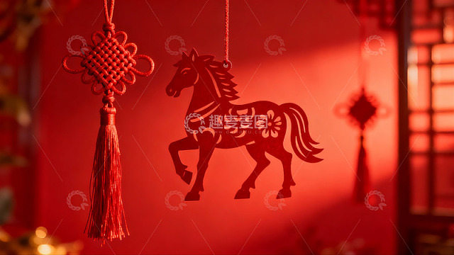 红色剪纸马与中国结挂饰