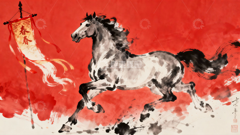 高清大图下载【趣麦麦图】奔腾骏马挥舞旗帜水墨画