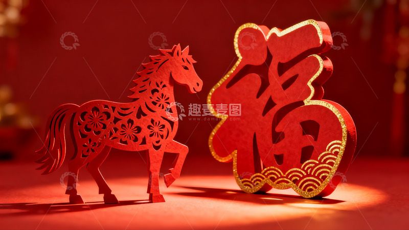 高清大图下载【趣麦麦图】红色剪纸马与福字装饰