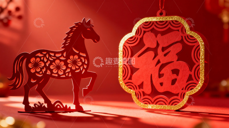 高清大图下载【趣麦麦图】红色剪纸马与福字挂饰