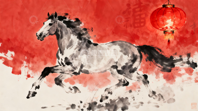 高清大图下载【趣麦麦图】水墨奔马红灯笼传统艺术画