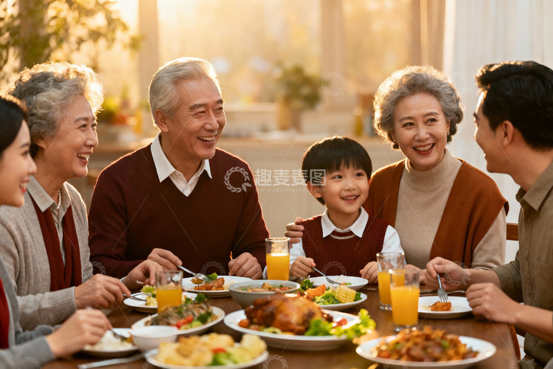 高清大图下载【趣麦麦图】三代同堂家庭聚餐温馨场景