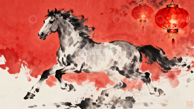 高清大图下载【趣麦麦图】水墨骏马红灯映衬奔腾图