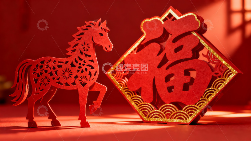 高清大图下载【趣麦麦图】红色剪纸马与福字装饰