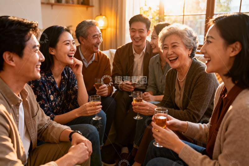 高清大图下载【趣麦麦图】家庭聚会欢笑举杯温馨场景