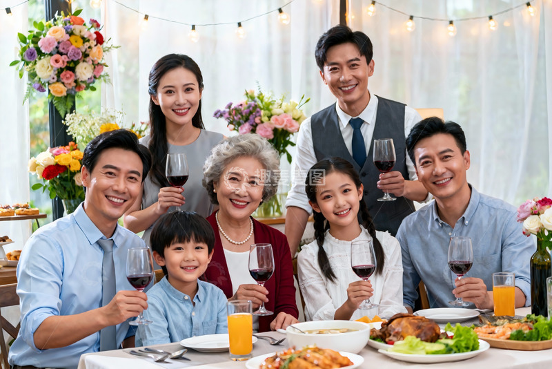 高清大图下载【趣麦麦图】三代同堂家庭聚餐举杯欢庆