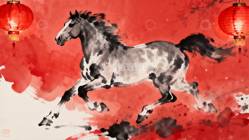 高清大图下载【趣麦麦图】水墨骏马奔腾图