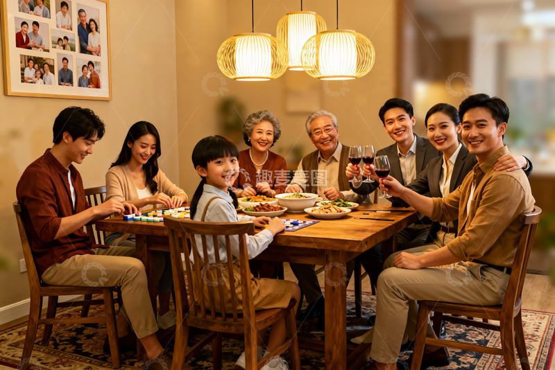 高清大图下载【趣麦麦图】三代同堂家庭聚餐温馨场景