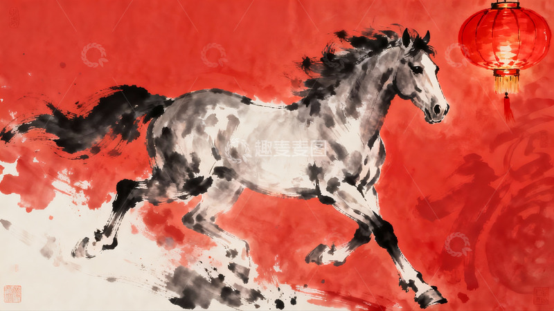 高清大图下载【趣麦麦图】水墨骏马奔腾图