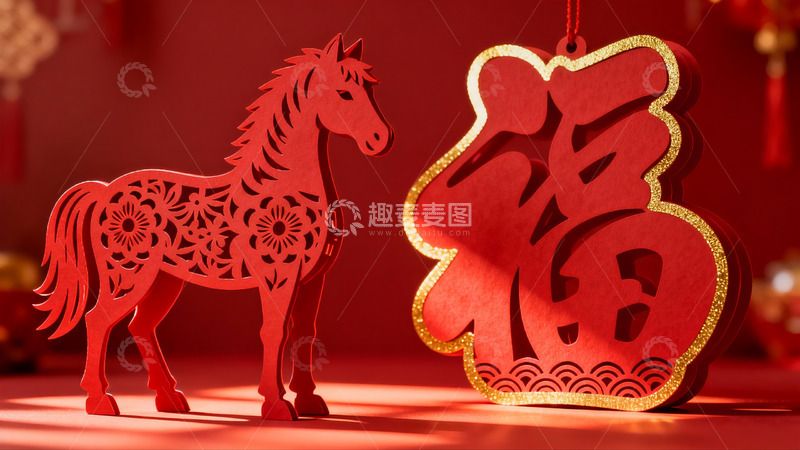 高清大图下载【趣麦麦图】红色剪纸马与福字装饰