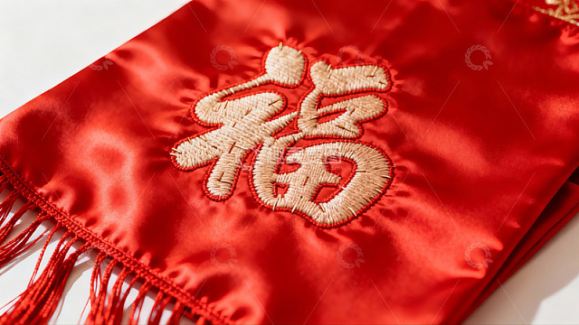 红色织物上的金色福字刺绣特写