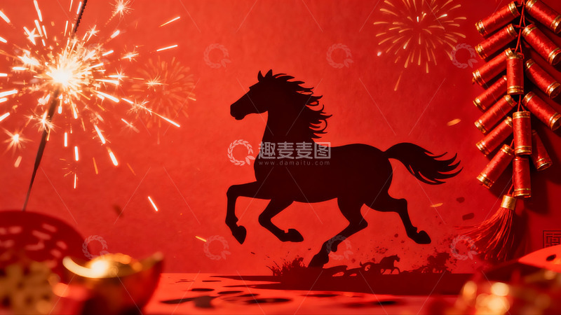 高清大图下载【趣麦麦图】红色背景马剪纸烟花鞭炮