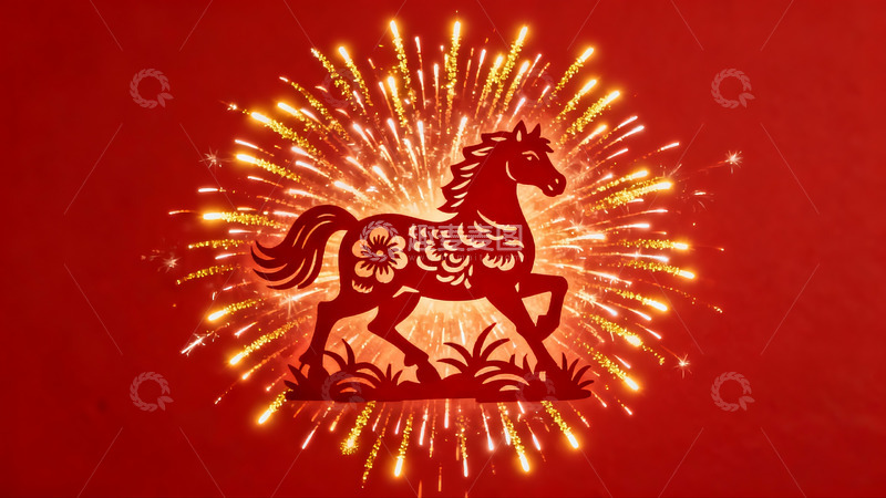 高清大图下载【趣麦麦图】红色背景马形剪纸烟花绽放