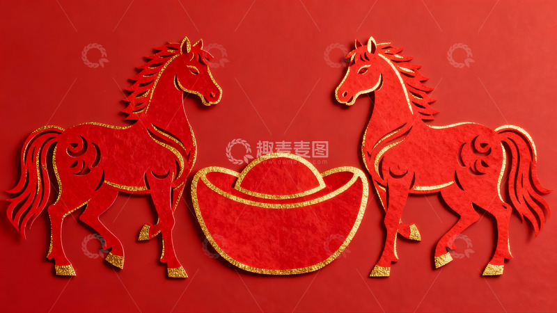 高清大图下载【趣麦麦图】红色剪纸马与元宝图案
